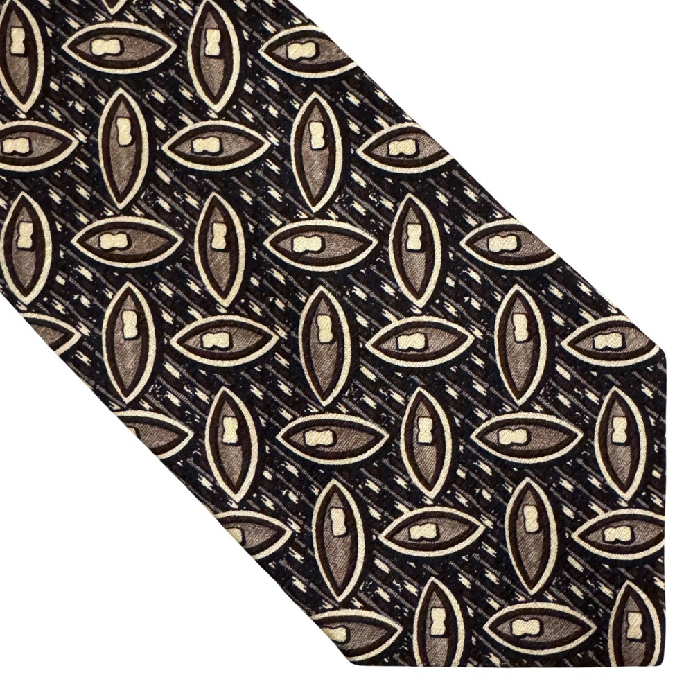 Biella Italy Silk‎ Tie Mens Geometric Abstract Eye Medallion Black Taupe Italian